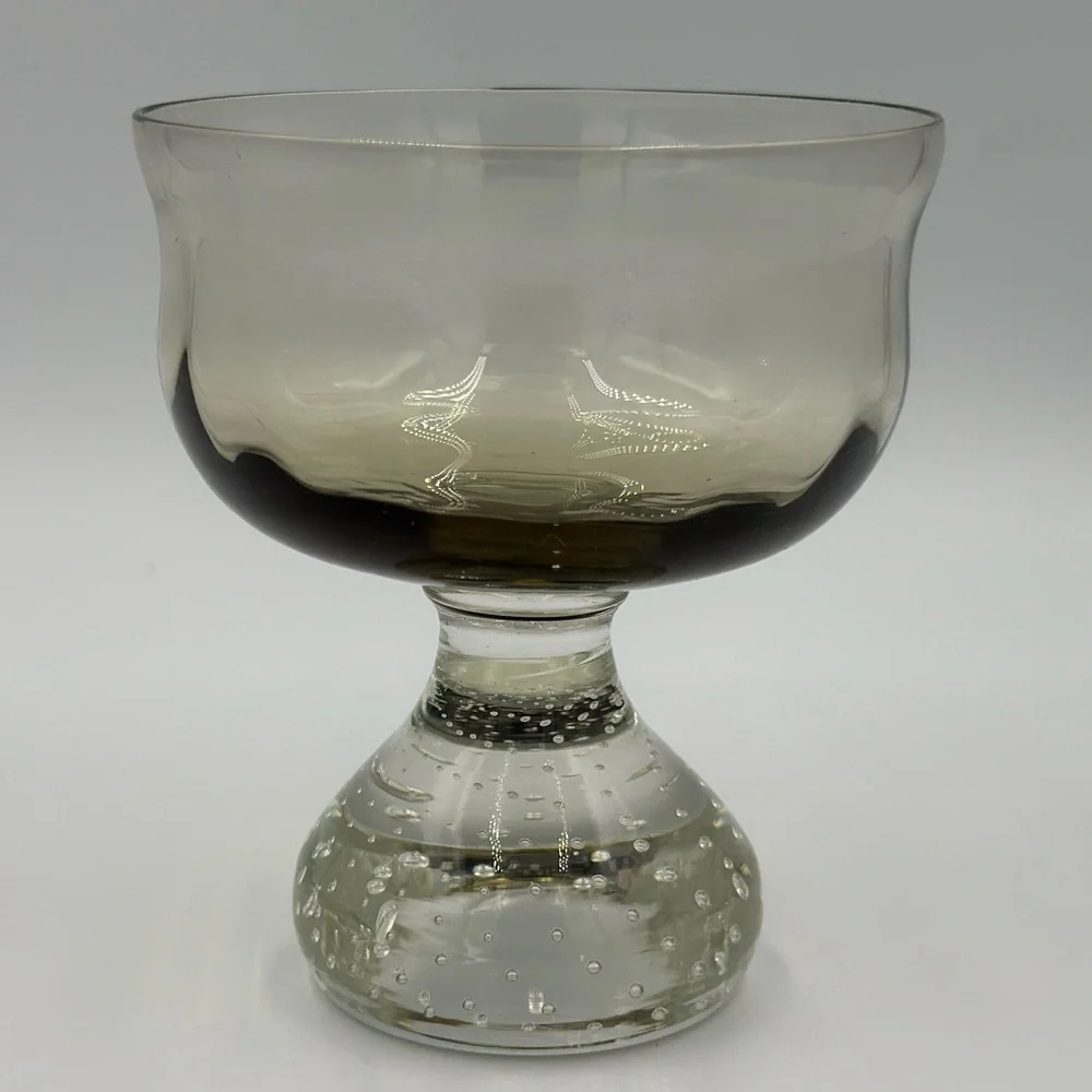 Vintage Carl Erickson Smokey Glass Compote with Controlled Bubble Base